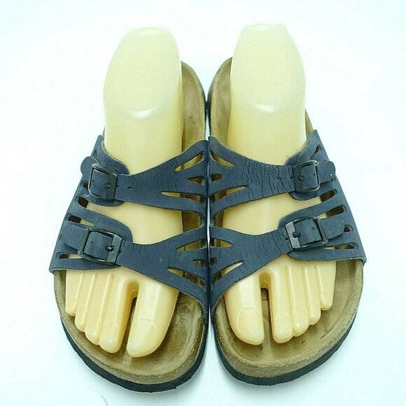 Betula Sandals Women 8 Blue Suede Leather Buckle Open Toe Cork - Picture 1 of 6